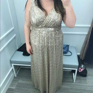 Gold sequin David’s Bridal V neck gown